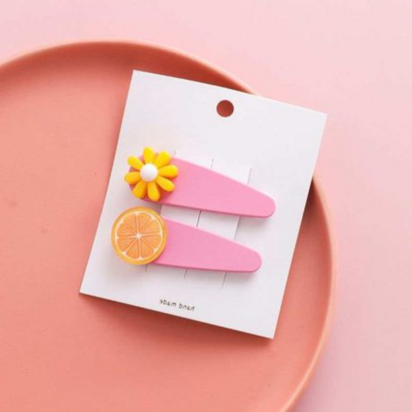 Cute Girl Plastic Hair Clip with Orange and Flower - Pink - Image 2